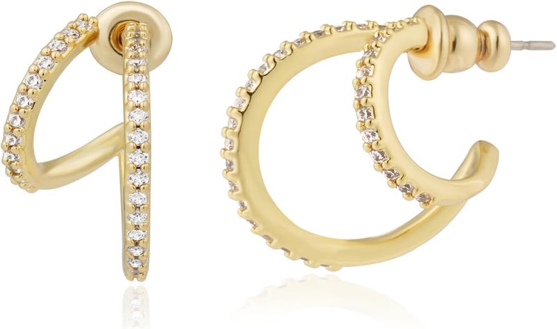 Obidos 14K Gold Plated Triple Huggie Illusion Stud Earrings | Double Huggie Hoop Earrings for One Hole | Gold Hoop Earrings for Women | Drop earrings - Image 1